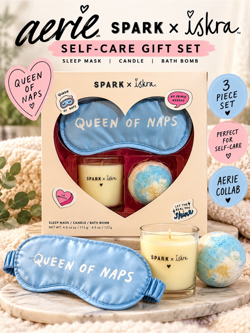 Aerie Spark x Iskra Queen of Naps Self Care Gift Set Candle Bath Bomb Mask